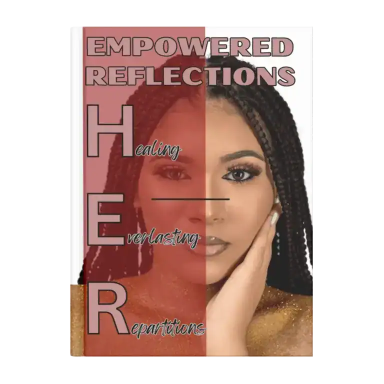 Book cover titled "Empowered Reflections" featuring a woman with braided hair and makeup.