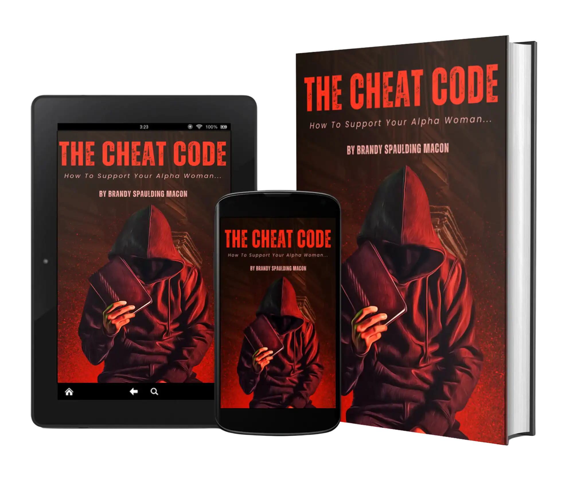 The Cheat Code book cover featuring a person in a red hoodie with a hood, holding a phone, displayed.