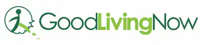 GoodLivingNow logo featuring a green figure and text for healthy lifestyle branding.
